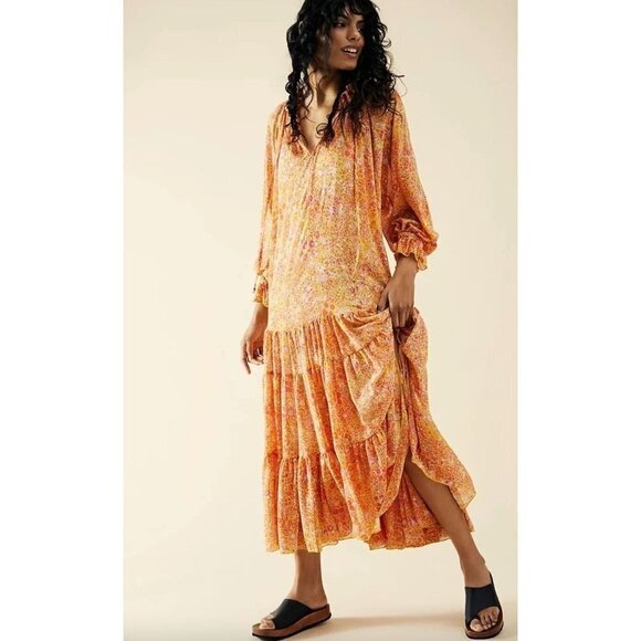 Free People Dresses & Skirts - NEW Free People Feeling Groovy Maxi Dress Orange Floral Size S Flowy A-line Slip